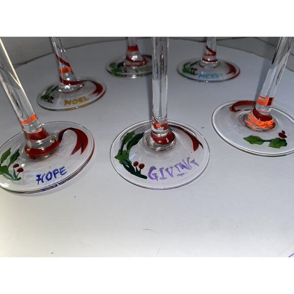Lot Of 6 Hand-painted Christmas Stemware Wine Glasses Decorated With Ornaments - Picture 12 of 14